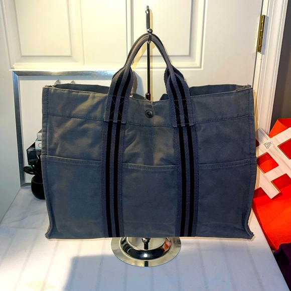 HERMES Fourre Tout MM Canvas Tote Handbag Gray GUC - Picture 1 of 13
